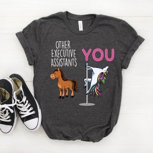 May include: A dark heather grey t-shirt with a graphic of a horse and a unicorn. The text "Other Executive Assistants" is above the horse and the text "You" is above the unicorn.