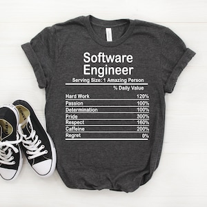 May include: A dark grey t-shirt with the text "Software Engineer" and a nutrition facts style graphic listing the daily value of hard work, passion, determination, pride, respect, caffeine, and regret.