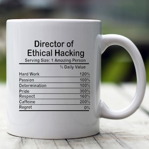 May include: White ceramic mug with a black graphic that reads "Director of Ethical Hacking" and lists the percentage daily value of hard work, passion, determination, pride, respect, caffeine, and regret.