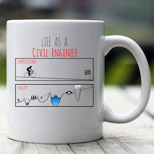 May include: White ceramic mug featuring a black and white illustration of a cyclist and a road with obstacles. The text "Life as a Civil Engineer" is printed in black on the mug. The text "Expectations" and "Reality" are printed in black above and below the illustration.