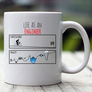 May include: White ceramic mug featuring a black and white illustration of a cyclist riding uphill. The text "Life as an Engineer" is printed in red at the top of the mug. The illustration depicts the difference between expectations and reality, with the cyclist effortlessly riding uphill in the expectations section and facing a challenging uphill climb in the reality section.