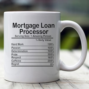 May include: White ceramic mug with a black graphic that reads "Mortgage Loan Processor" and lists the percentage daily value of hard work, passion, determination, pride, respect, caffeine, and regret.