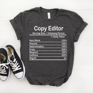 May include: A dark gray t-shirt with white text that reads "Copy Editor" and a nutrition facts label listing the percentage of daily value for hard work, passion, determination, pride, respect, caffeine, and regret.