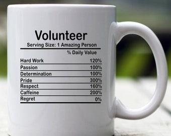 Personalisierte Volunteer Nährwert-Becher, Ernährungs-Fakten benutzerdefinierter Becher, Volunteer-Geschenk, bestes Volunteer-Geschenk, Volunteer-Cup, Volunteer-Gag