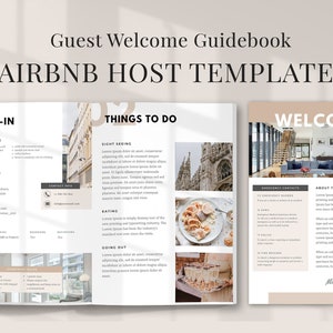 Op de afbeelding: Een sjabloon voor een welkomstgids voor Airbnb-hosts met een beige en bruine kleurstelling. De gids bevat secties voor inchecken, dingen om te doen en een welkomstbericht. De tekst bevat de woorden "Welkomstgids voor gasten", "Airbnb-host-sjabloon", "Inchecken", "Dingen om te doen" en "Welkom".