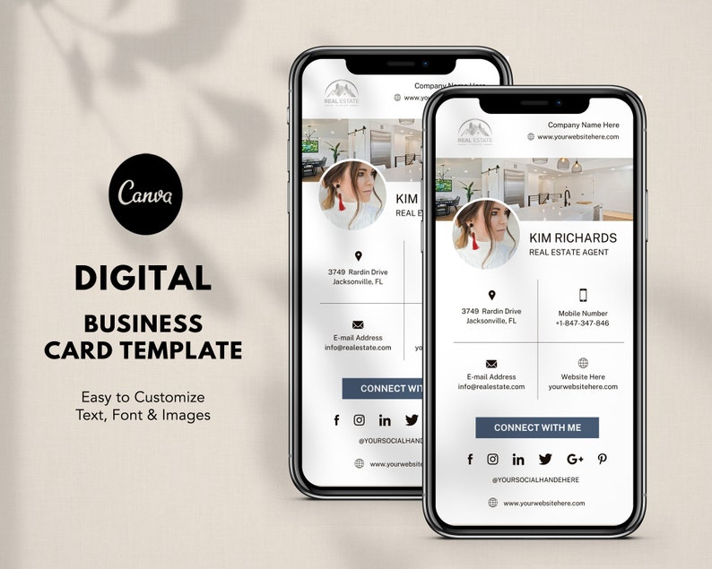 May include: Digital business card template with a photo of a woman in a kitchen. The card includes the woman's name, title, contact information, and social media links. The text on the card reads "Kim Richards, Real Estate Agent".