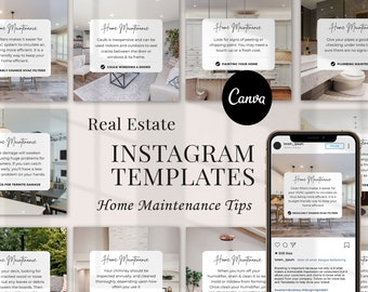May include: A collection of Instagram post templates for real estate agents, featuring tips on home maintenance. The templates include images of various rooms in a house, such as a kitchen, bathroom, and living room, with text overlays providing advice on topics like HVAC filters, termite damage, and painting.