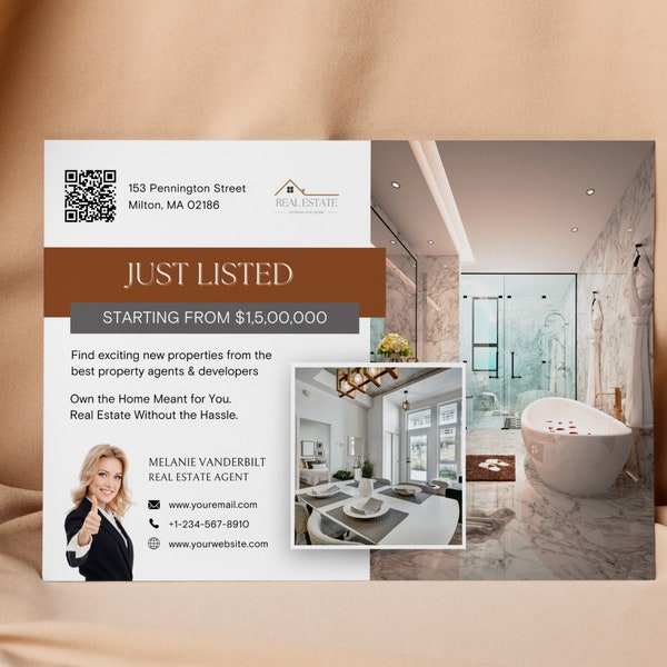 Just Listed Real Estate Postcard, Luxury Real Estate Templates, Canva templates, Realtor Marketing