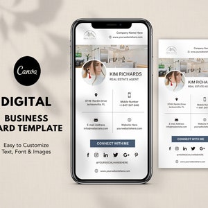 May include: Digital business card template with a photo of a woman in a kitchen. The card includes the name Kim Richards, Real Estate Agent, contact information, and social media links. The text "Connect with me" is displayed in a blue box.