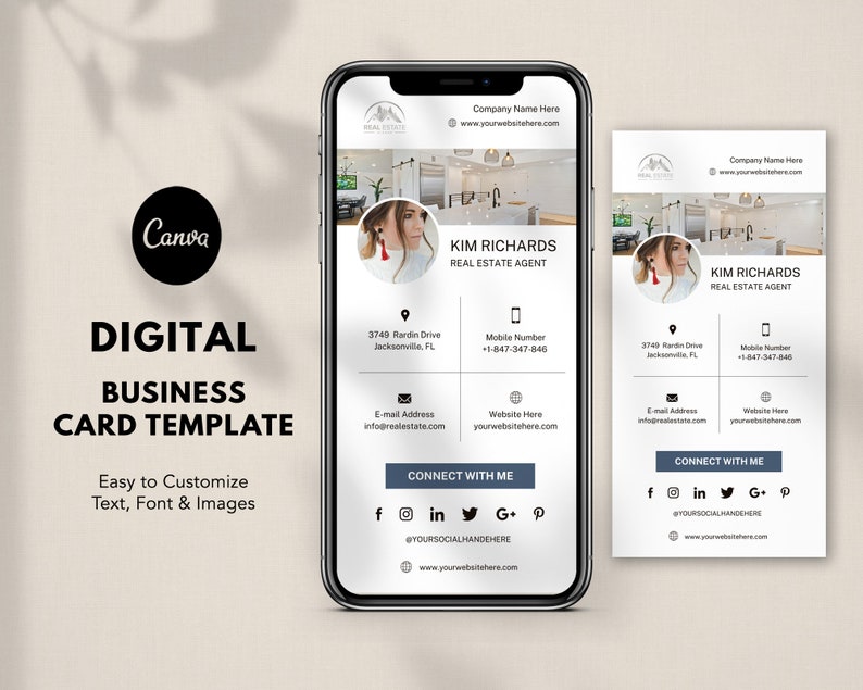 May include: Digital business card template with a photo of a woman in a kitchen. The card includes the name Kim Richards, Real Estate Agent, contact information, and social media links. The text "Connect with me" is displayed in a blue box.