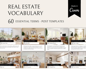 May include: A collage of six images showcasing real estate vocabulary terms. Each image features a different room in a house, with a magnifying glass icon and the term written below. The terms are: Assessed Value, Blind Offer, Building Inspection, Buyer's Agent, Deed, and Down Payment.