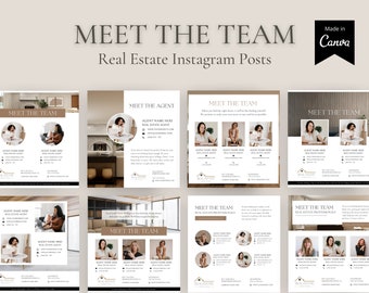 May include: A set of eight Instagram post templates for real estate agents. The templates feature a minimalist design with a neutral color palette and include the text "Meet the Team" and "Meet the Agent".
