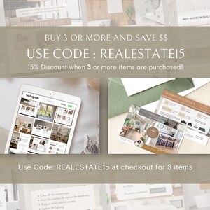 May include: A digital marketing ad for real estate services. The ad features a tablet displaying a social media feed with images of homes. The ad also includes text that says "BUY 3 OR MORE AND SAVE $$ USE CODE: REALESTATE15 15% Discount when 3 or more items are purchased!" and "Use Code: REALESTATE15 at checkout for 3 items".
