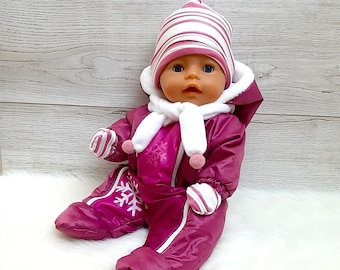 Purple-pink onesies in snowflake print. Сoveralls winter with zippers for BabyBorn dolls 17"(43cm). One-piece dolls snowsuit with furry hood