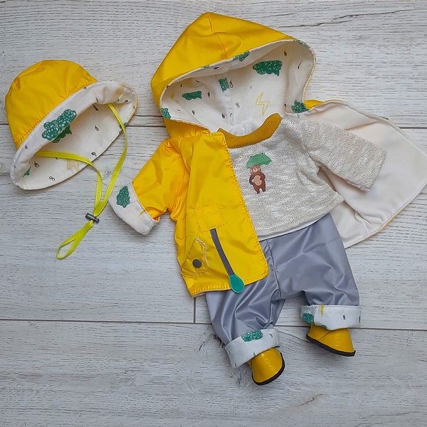 Trench-coat aux couleurs vives et salopette pour les poupées BabyBorn de 43 cm (17 po.). Imperméable d'automne avec chapeau. Vêtements de pluie et chaussures pour les poupées BabyBorn