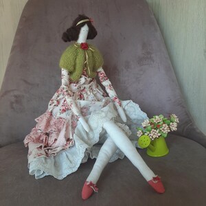 Interior handmade 24&quot; Tilda doll. Vintage Tilda garden fairy. Art doll in a floral dress & woven bolero. Romantic flower fairy unique gift.