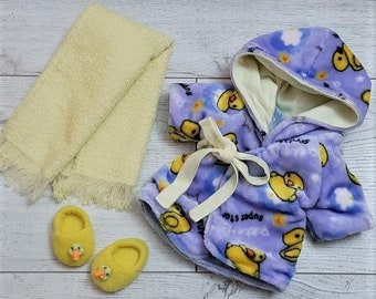 Plush bathrobe with ducks for BabyBorn dolls 17" (43cm) & BabyBorn Sister. Yellow-blue dolls terry robe and slippers. Bathroom accessories.