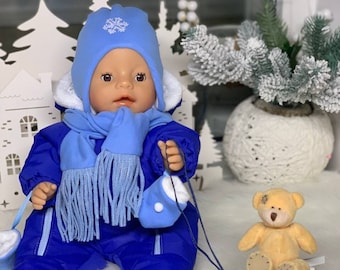 Blue coveralls winter with zippers for BabyBorn dolls 17"(43cm). One-piece dolls snowsuit with furry hood.