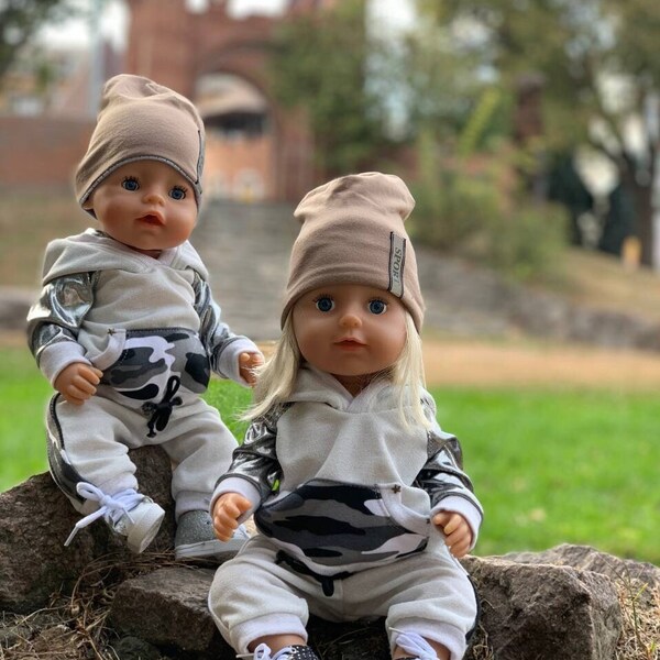 Tracksuit with beanie cap for baby born dolls 17"(43cm) & BabyBorn Sister. Knitted suit of jacket, trousers and hat. Casual camouflage  suit