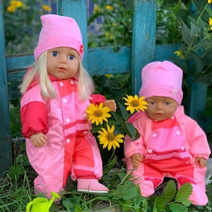 Double-sided jumpsuit with buttons for BabyBorn dolls 17 inch (43cm).  Pink striped jumpsuit for dolls Zapf Baby Born and Big sister