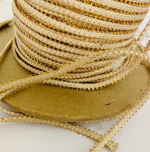 White Flat Rope Fabric Trim With Gold Bullion Thread Accents, 1/8 Wide,  Sold by the Yard 