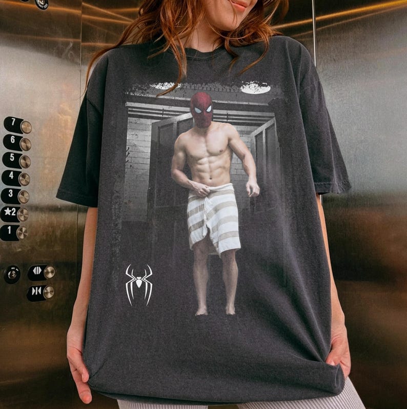 Funny Spider Towel Scene Shirt, Funny Superhero Meme T-Shirt, Spider Brand New Day Vintage Graphic Tee, Funny Shirt Gift For Movie Fan image 1