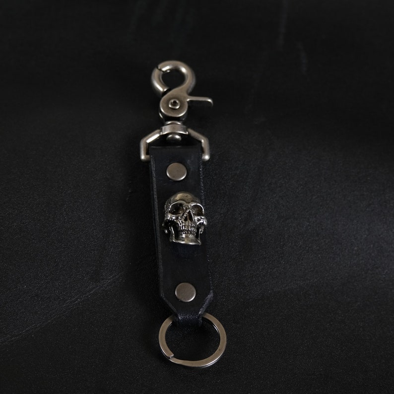 Skull Leather Keychain. Clip On. Black & Nickel