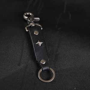 Studded Leather Clip on Keychain. Lanyard. BLACK & Nickel