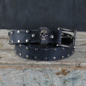 Aged Leather Belt  Studded. Skull Loop Design. 1.5 inches wide. BLACK