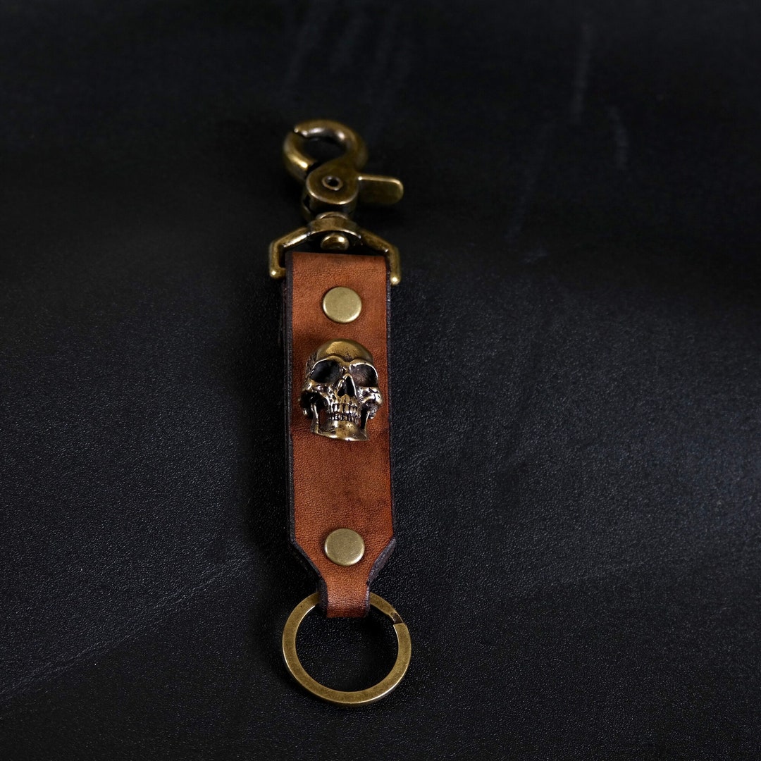 Handmade Leather Keychain, Clip On. Skull. Antique Brown & Brass - Etsy