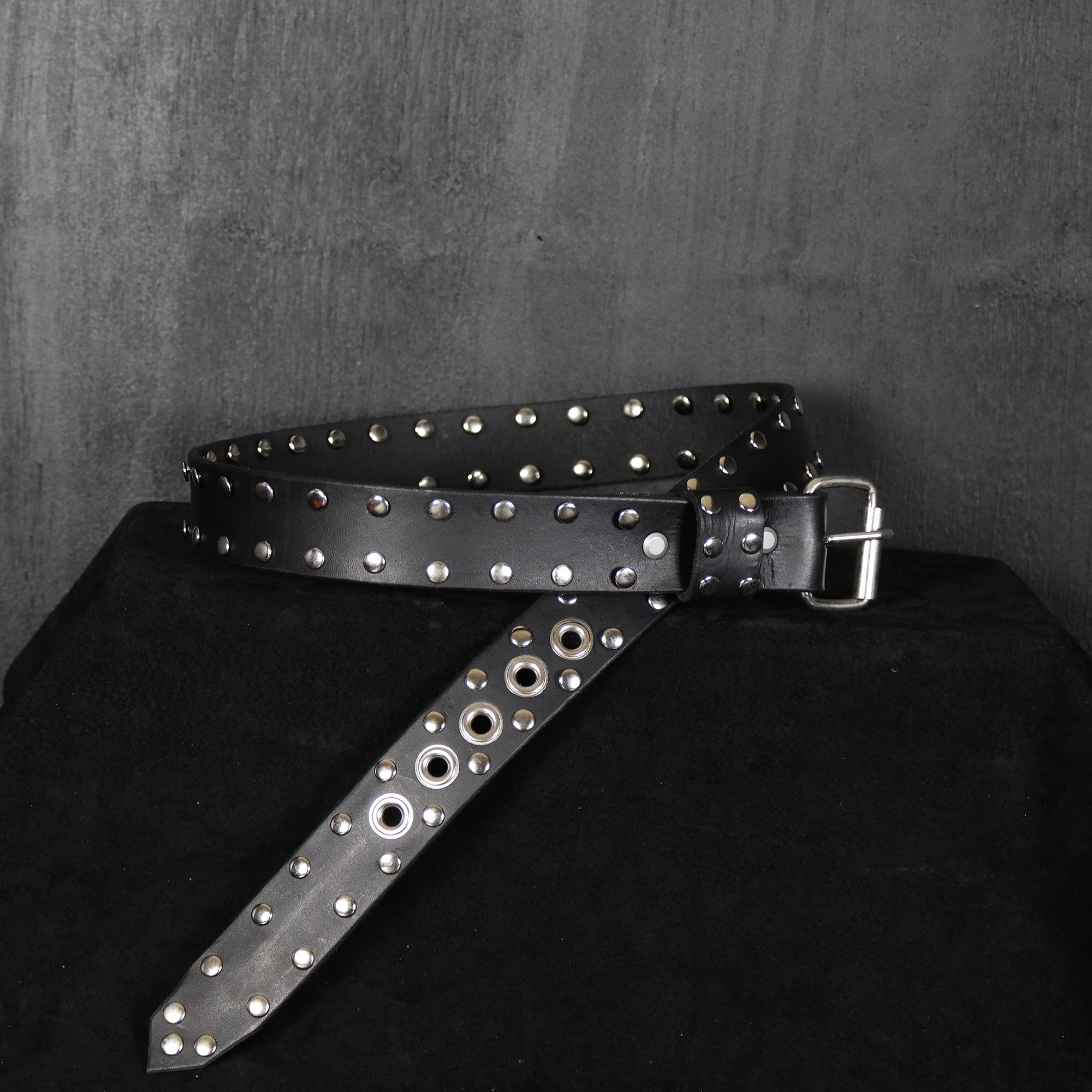 Studded Rocker Leather Belt. 1.5” Wide. Black & Chrome