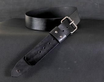 Custom Leather Guitar Strap. BUCKLE. Handmade. 2 inches wide. BLACK