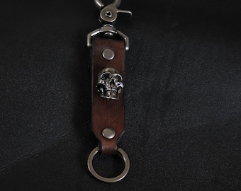 Skull Leather Keychain. Lanyard Clip On. Antique Black & Nickel