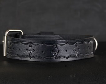 Skulls Design  Leather Dog Collar. 1.5 inches Wide. Black