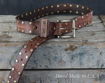 Aged Leather Belt Studded. 1.5 Inches Wide. Light Brown - Etsy