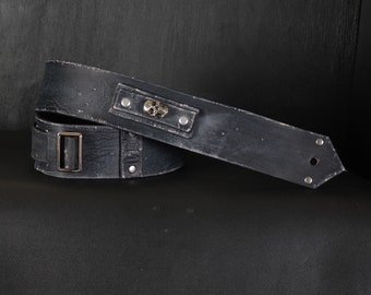 Aged Leather Guitar Strap. Skull Patch. 2.5” Wide. Black