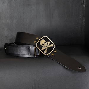 Leather Guitar Strap. Custom  SKULL Buckle .2.5” wide. BLACK