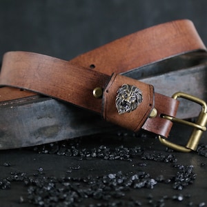 Handmade Leather Belt. Brass LION Conchos. 1.5 inches wide. Antique Brown