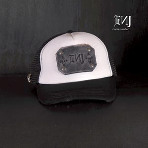 2 Tone Classic Trucker Hat. Custom Distressed Skull Patch. Black & White