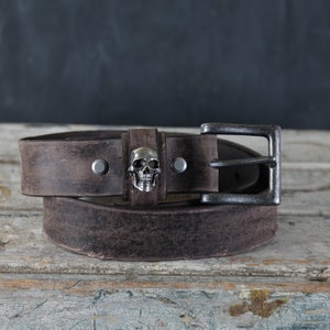 Skull Aged Leather Belt. Rocker Style. 1.5” Wide. Dark Brown