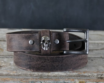 Skull Aged Leather Belt. Rocker Style. 1.5” Wide. Dark Brown