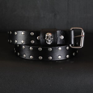Studded Leather Belt. Gothic Rocker style SKULL. 1.5 inches wide. BLACK