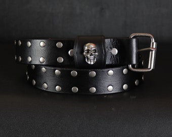 Studded Leather Belt. Gothic Rocker style SKULL. 1.5 inches wide. BLACK