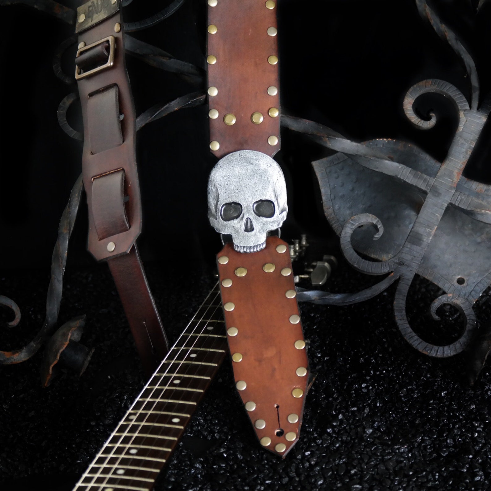 Custom Leather Guitar Strap Studded W/ SKULL Etsy