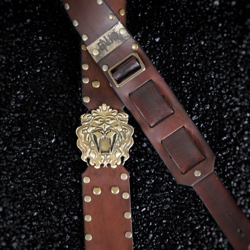 Studded Leather Guitar Strap. Custom shops LION Buckle. 2.5