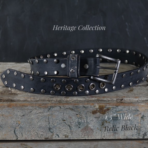 Distressed Leather Belt Studded. Grommets Accent 1.5 Inches 
