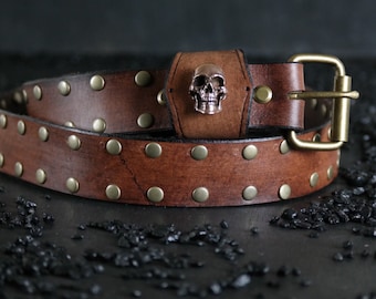 Studded Leather Belt. Custom.  SKULL. 1.5 inches wide. Antique Brown