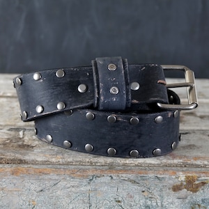 Aged Leather Belt. Studded Loop Design. 2 inches wide. BLACK