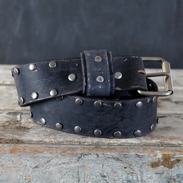 Aged Leather Belt. Studded Loop Design. 2 inches wide. BLACK