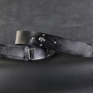 Custom  Leather Guitar Strap. Skull Diamond PatchDesign. 2.5 inches wide .BLACK